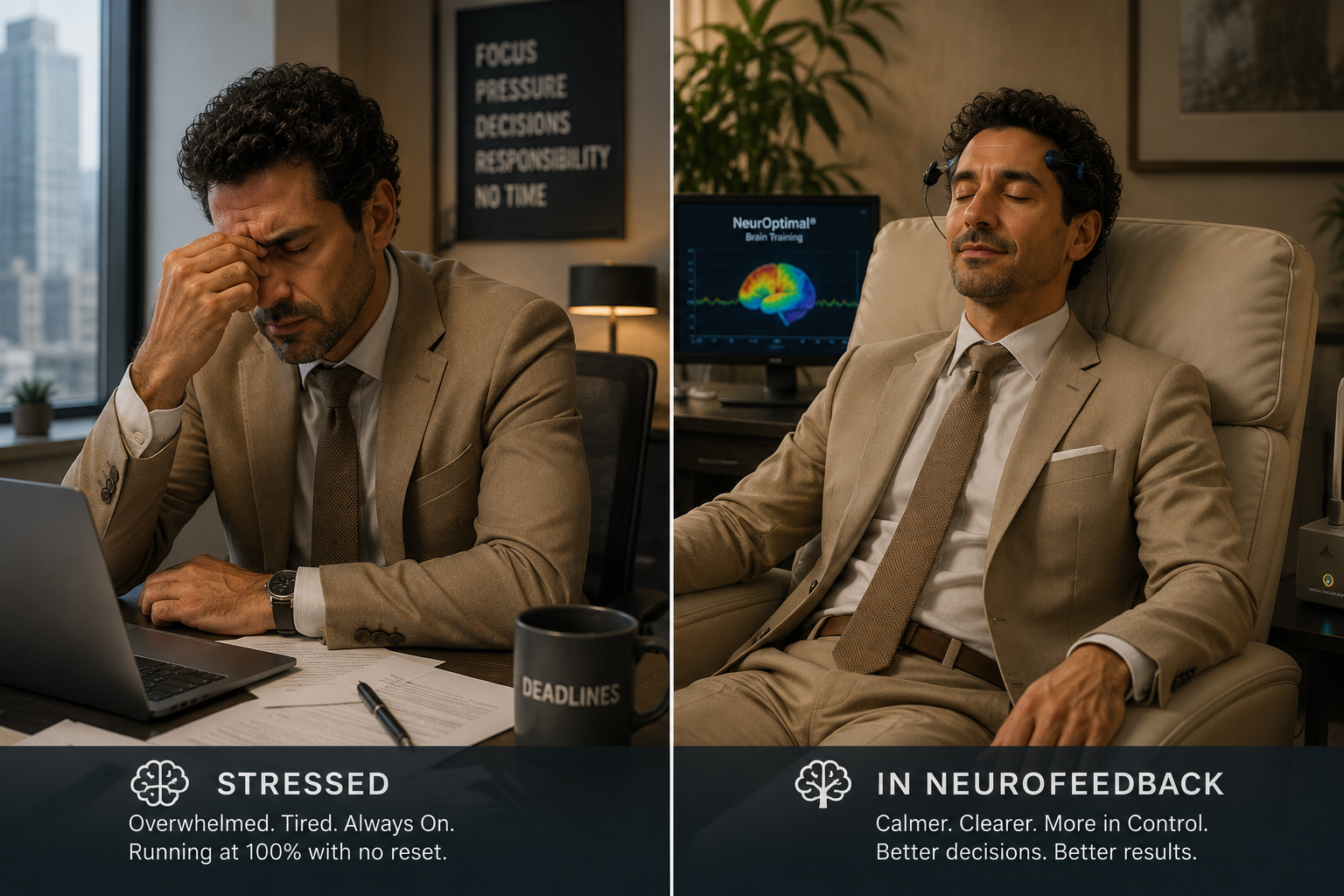 An executive shown stressed at his desk, then calm during a NeurOptimal® neurofeedback session.